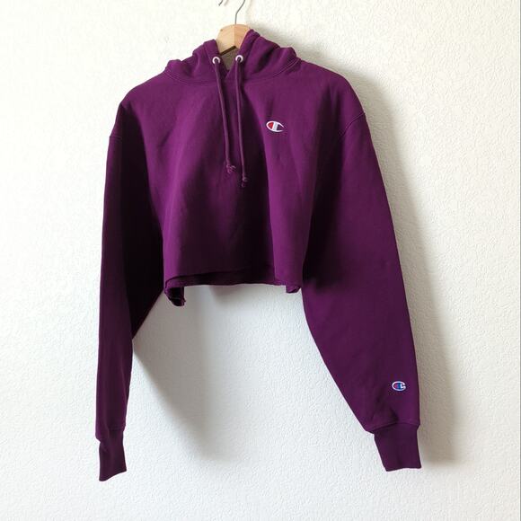 Champion Crop Hoodie Sweatshirt Medium Reverse Weave Purple Cut Off Cropped - Picture 5 of 8